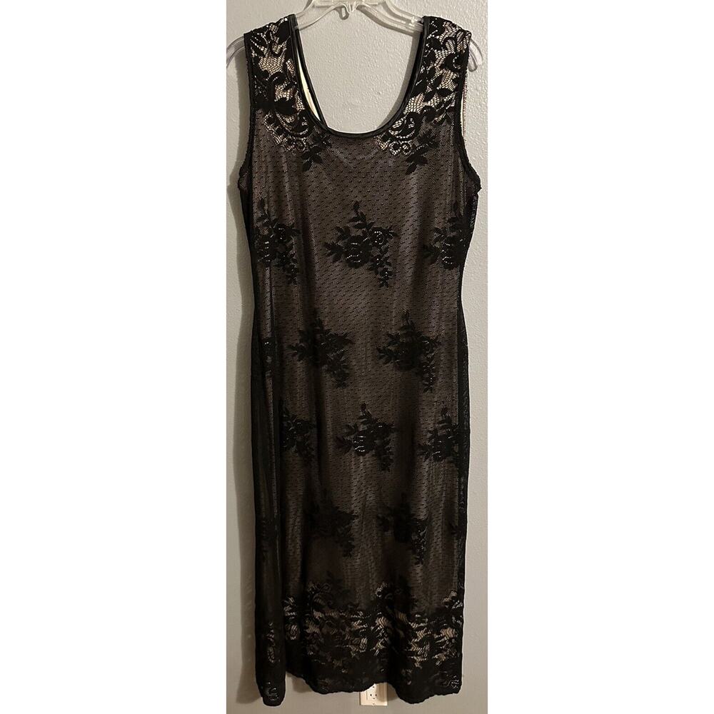 CW Rose Women’s Size 12 Long Beige & Black Satin Lace Sleeveless Maxi Dress EUC